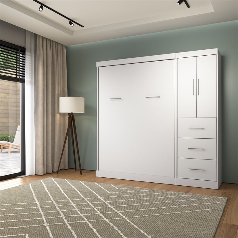 Bestar Nebula 84W Engineered Wood Full Wall Bed Set with 3 Drawer Set in White