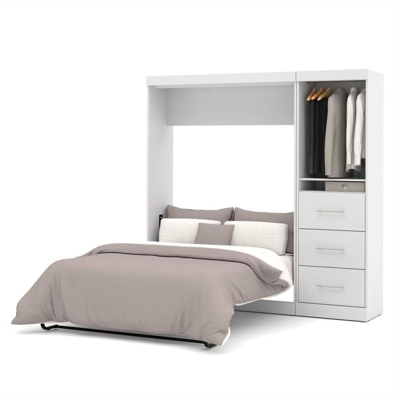 Bestar Nebula 84W Engineered Wood Full Wall Bed Set with 3 Drawer Set in White