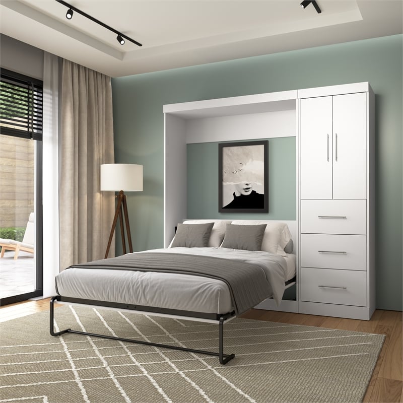 Bestar Nebula 84W Engineered Wood Full Wall Bed Set with 3 Drawer Set in White