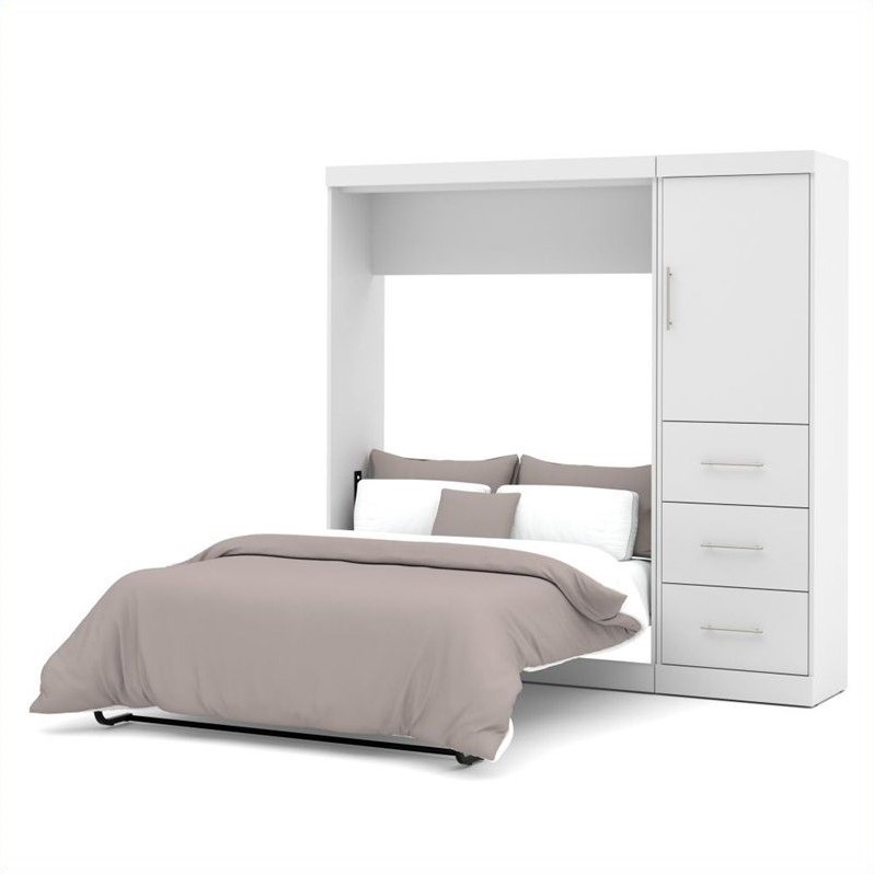 Bestar Nebula 84W Engineered Wood Full Wall Bed Set with 3 Drawer Set in White
