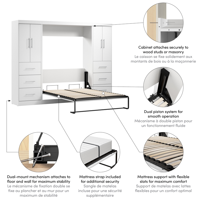 Bestar Nebula 109W Modern Engineered Wood Full Wall Bed Set in White