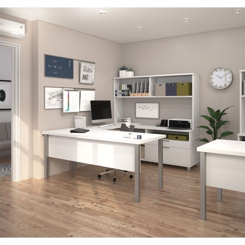 Bestar Pro Linea U Shaped Computer Desk With Hutch In White 120860 17 Bestar Pro Linea U Shaped Computer Desk With Hutch In White