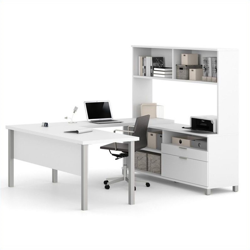 Bestar Pro Linea U Shaped Computer Desk With Hutch In White