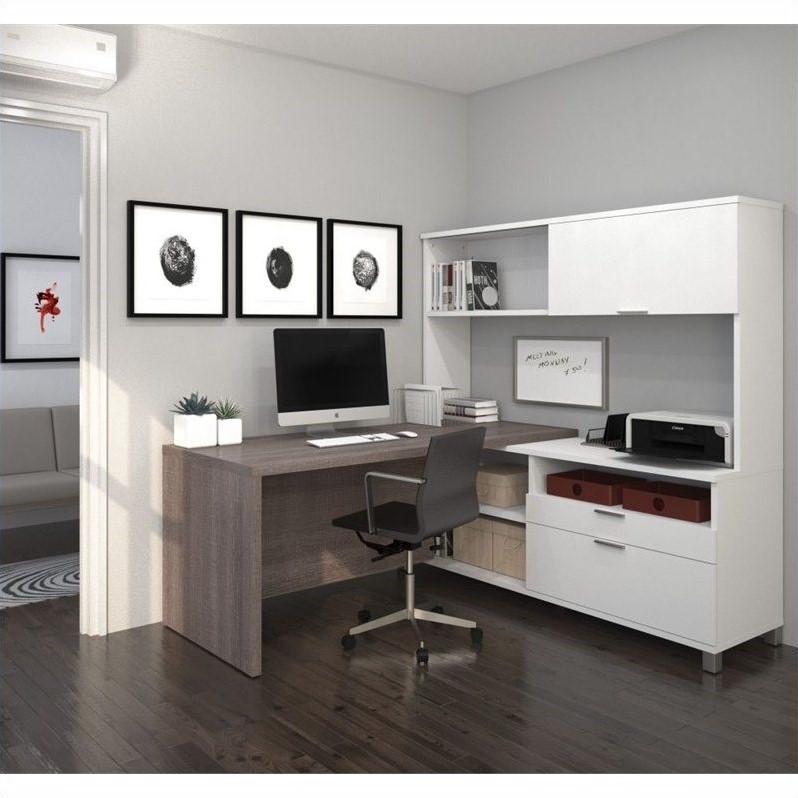 Bestar Pro-Linea L-Desk with Hutch in White and Bark Grey