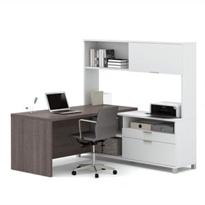 Bestar Pro-Linea L Shaped Computer Desk with White Hutch Credenza