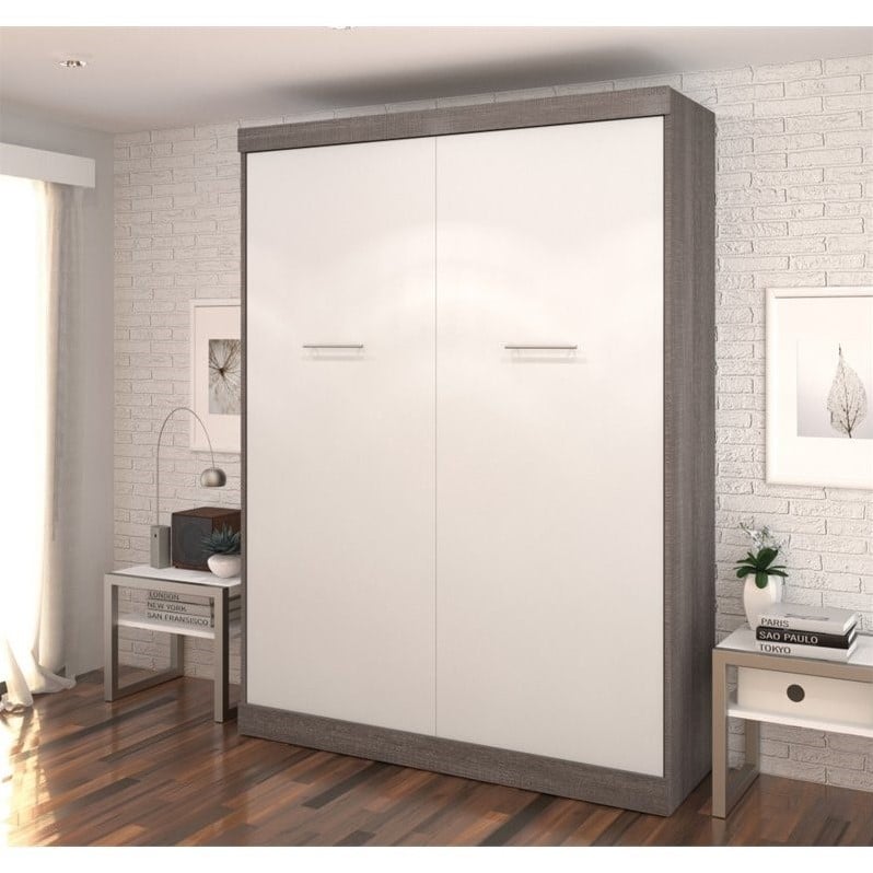 Bestar Nebula 65W Engineered Wood Queen Wall Bed in Bark Gray and White