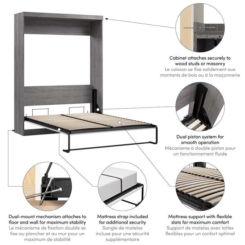 Bestar Nebula 65W Engineered Wood Queen Wall Bed in Bark Gray and White