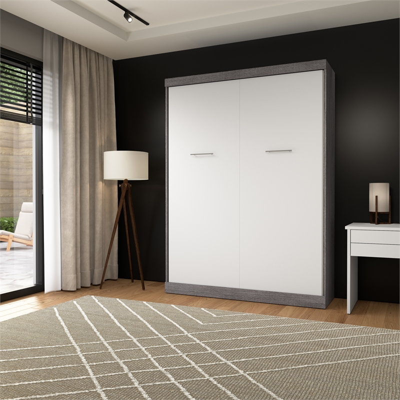 Bestar Nebula 65W Engineered Wood Queen Wall Bed in Bark Gray and White