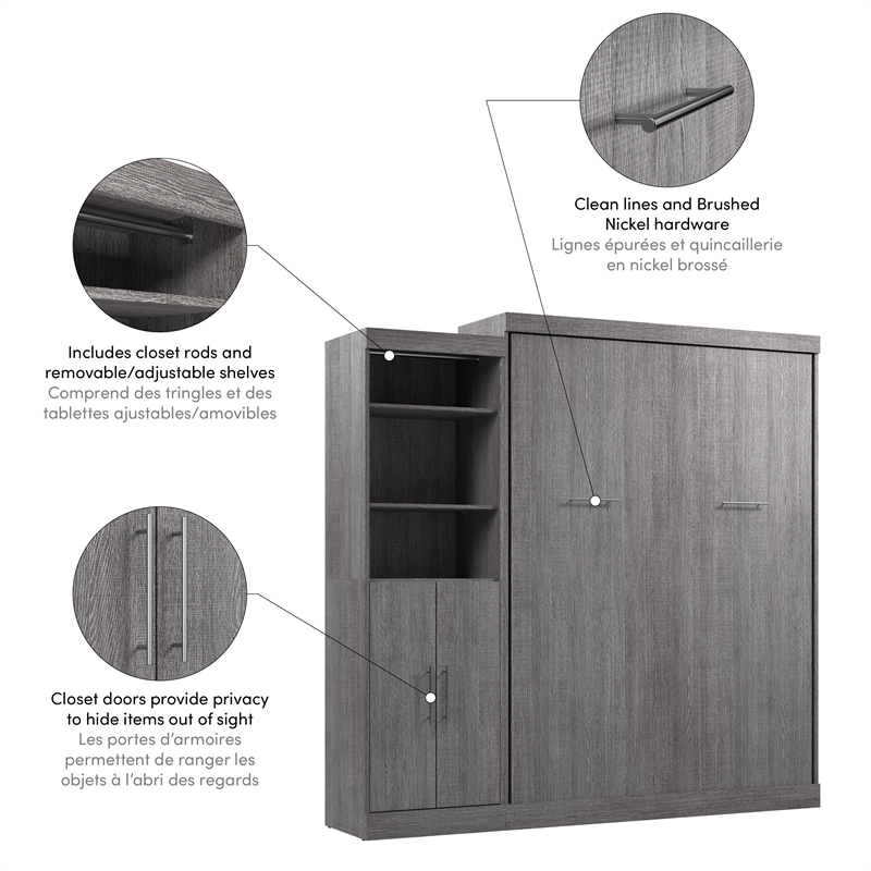 Bestar Nebula 90W Transitional Wood/Metal Queen Wall Bed Kit in Bark Gray