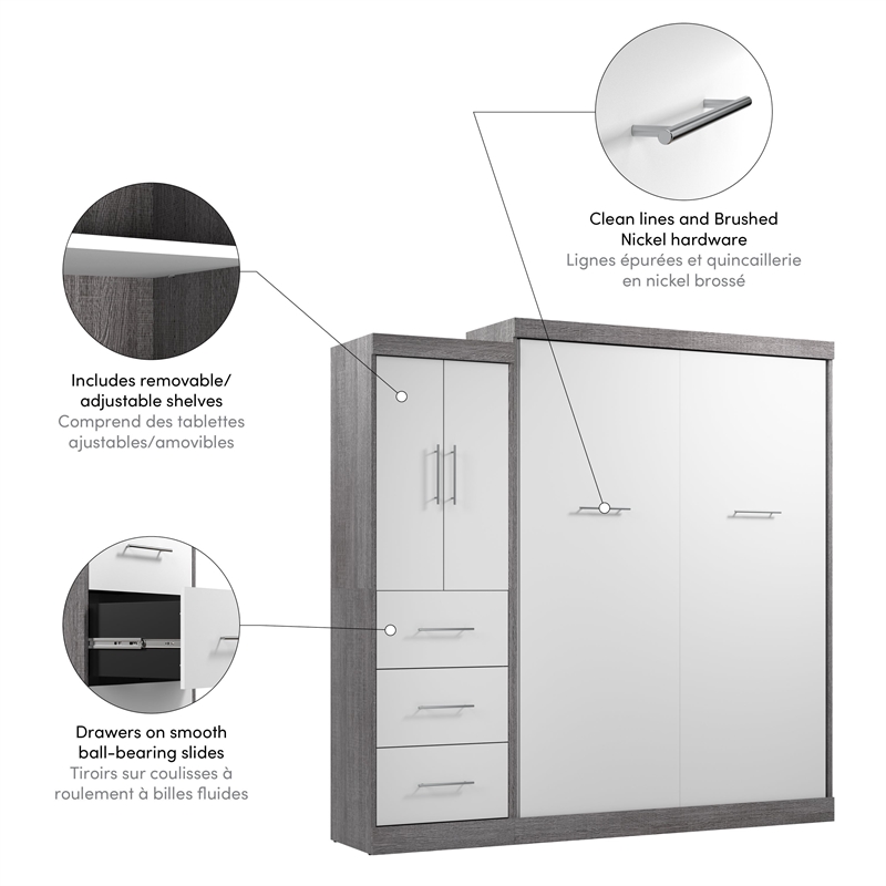 Bestar Nebula 90W Engineered Wood Queen Wall Bed Kit in Bark Gray and White