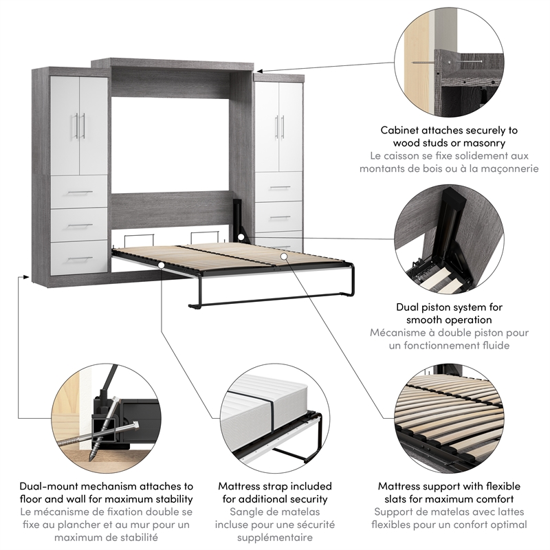 Bestar Nebula 115W Engineered Wood Queen Wall Bed Kit in Bark Gray and White