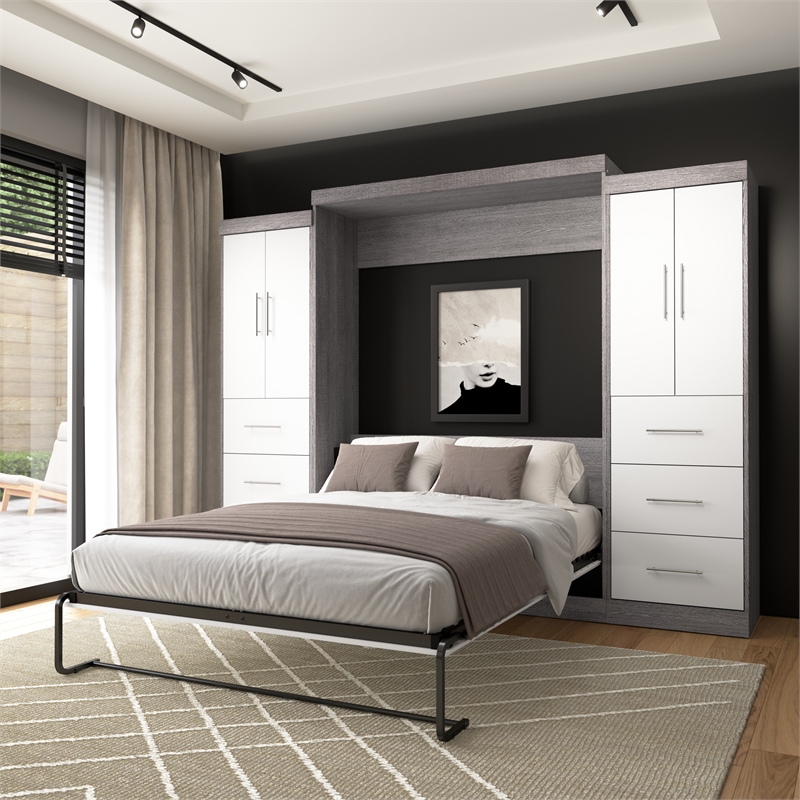 Bestar Nebula 115W Engineered Wood Queen Wall Bed Kit in Bark Gray and White