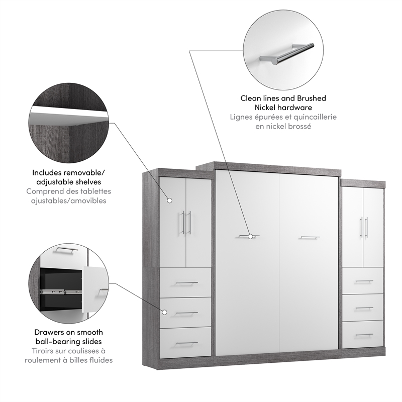 Bestar Nebula 115W Engineered Wood Queen Wall Bed Kit in Bark Gray and White