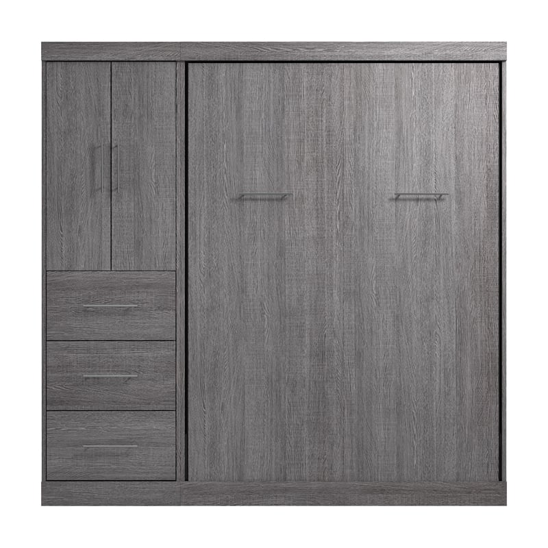 Bestar Nebula 84W Engineered Wood Full Wall Bed Kit w/ 3 Drawer Set in Bark Gray