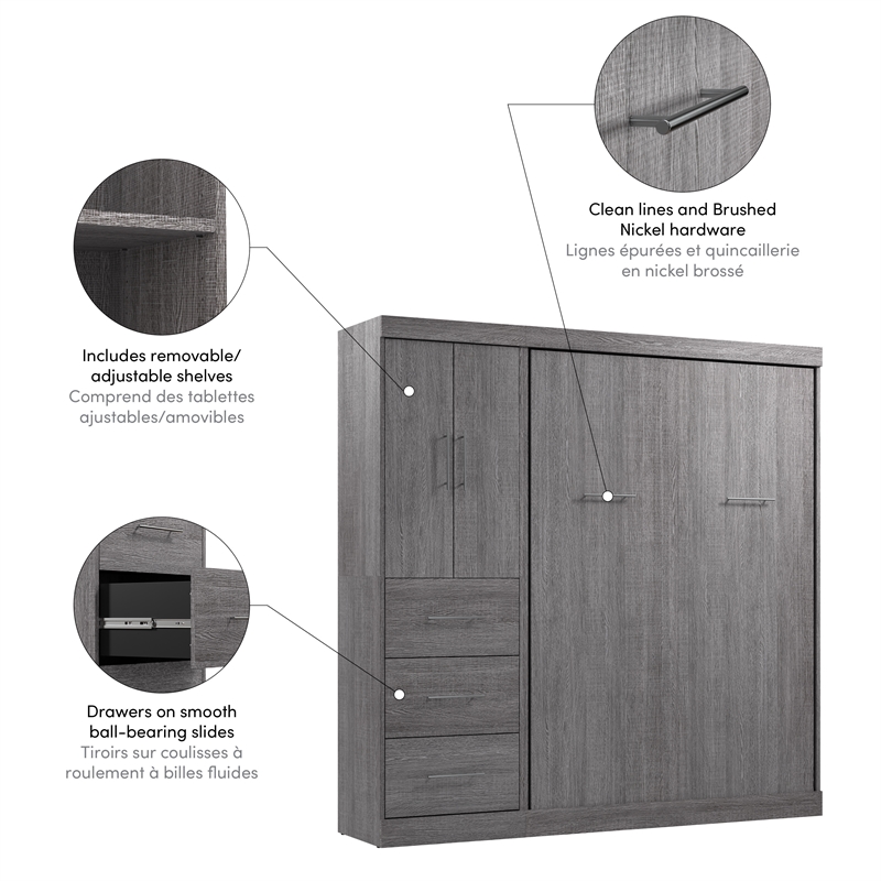 Bestar Nebula 84W Engineered Wood Full Wall Bed Kit w/ 3 Drawer Set in Bark Gray