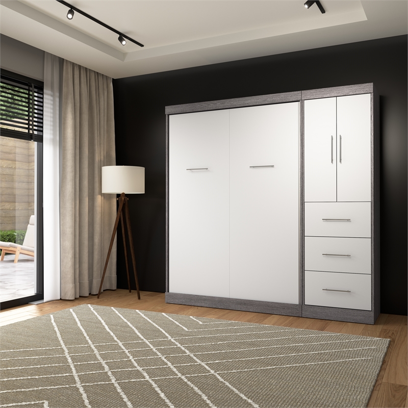 Bestar Nebula 84W Engineered Wood Full Wall Bed Kit in Bark Gray and White