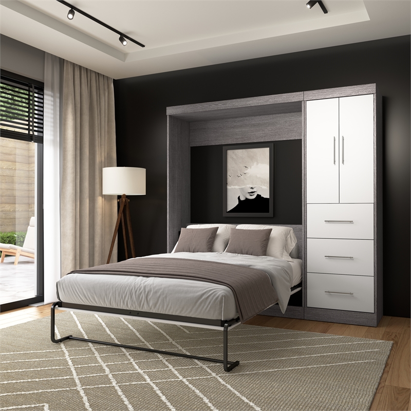 Bestar Nebula 84W Engineered Wood Full Wall Bed Kit in Bark Gray and White