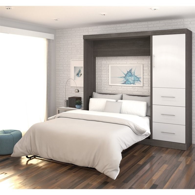 Bestar Nebula 84W Engineered Wood Full Wall Bed Kit in Bark Gray and White
