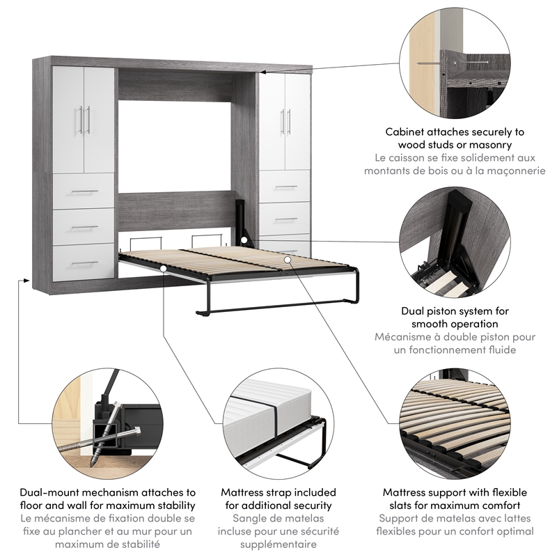 Bestar Nebula 109W Engineered Wood Full Wall Bed Kit in Bark Gray & White
