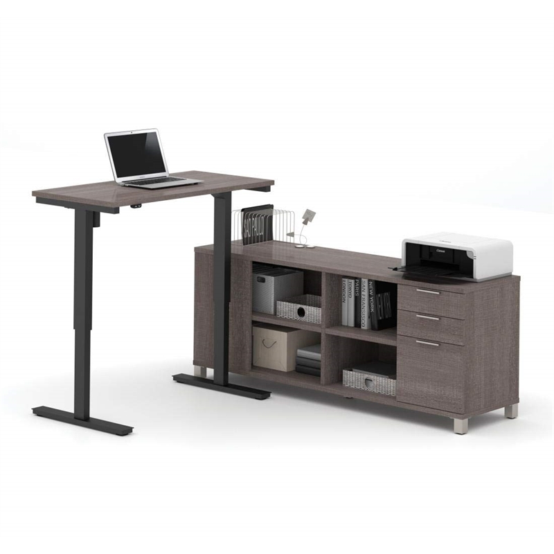 Bestar Pro Linea L Shape Power Adjustable Table in Bark Gray
