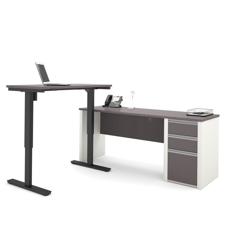 Bestar Connexion Power Adjustble L-Shaped Table in Slate and Sandstone