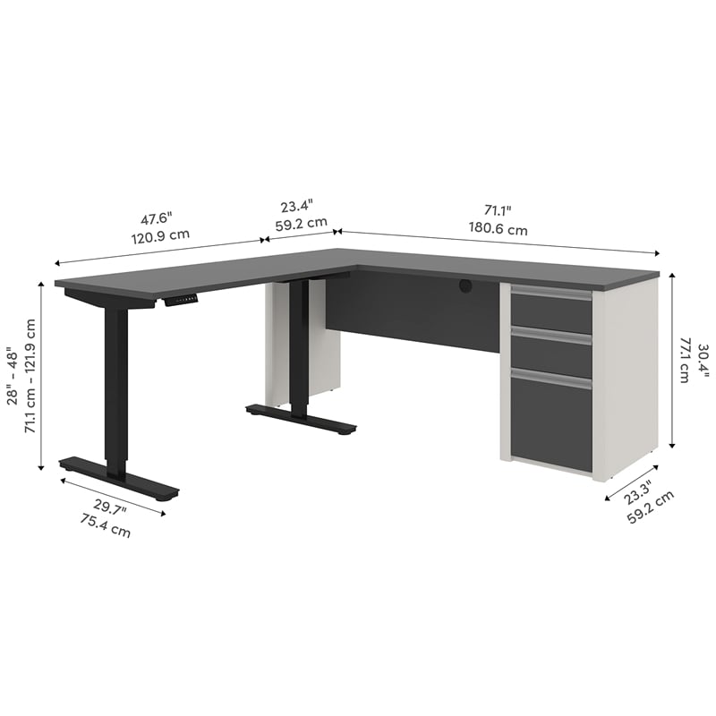 Bestar Connexion Power Adjustble L-Shaped Table in Slate and Sandstone