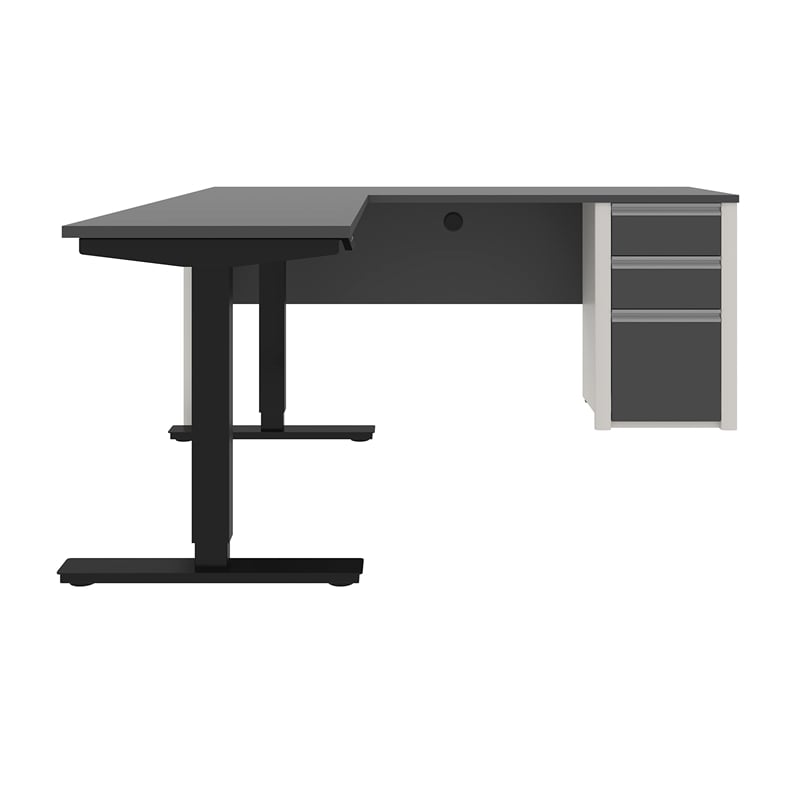 Bestar Connexion Power Adjustble L-Shaped Table in Slate and Sandstone