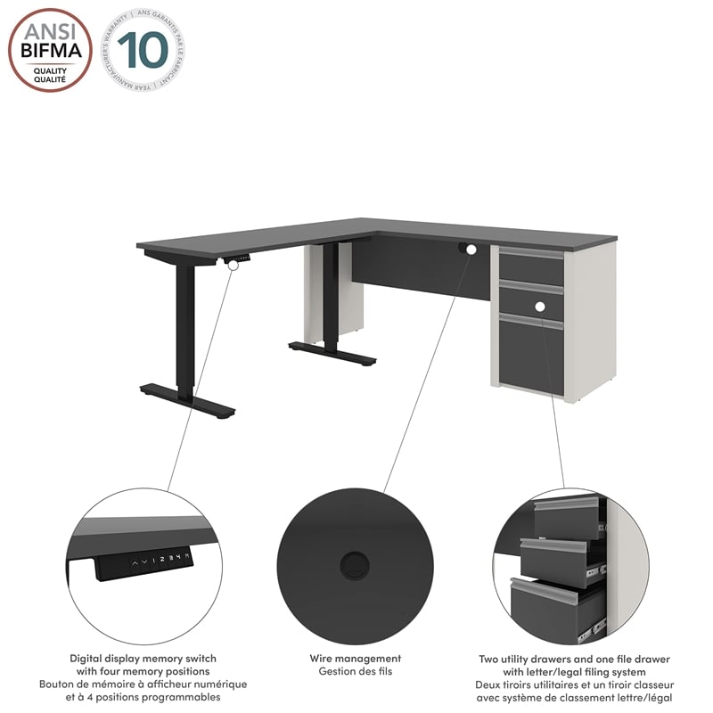 Bestar Connexion Power Adjustble L-Shaped Table in Slate and Sandstone