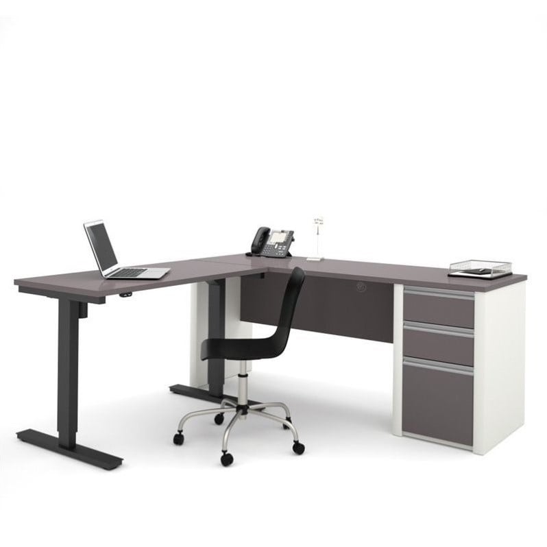 Bestar Connexion Power Adjustble L-Shaped Table in Slate and Sandstone