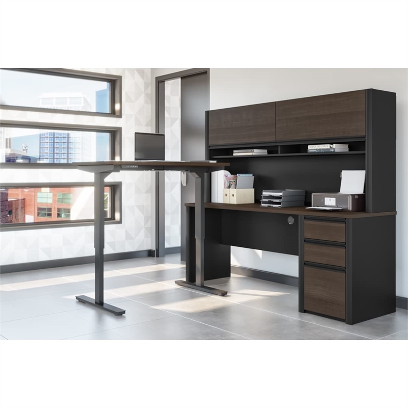 Bestar Connexion L-Shaped Table with Hutch in Slate and Sandstone