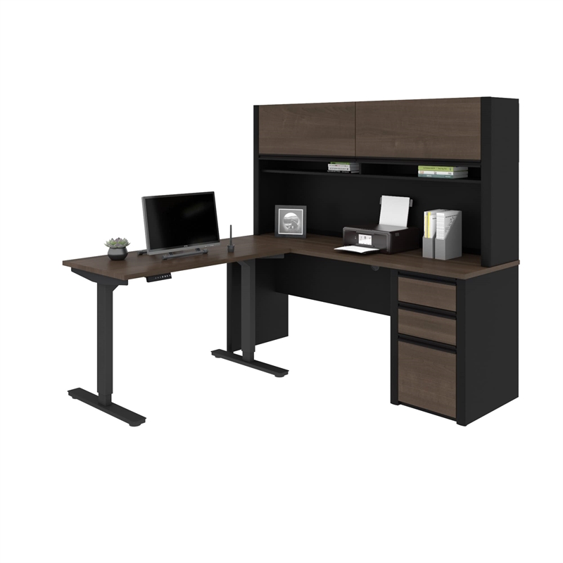 Bestar Connexion L-Shaped Table with Hutch in Slate and Sandstone