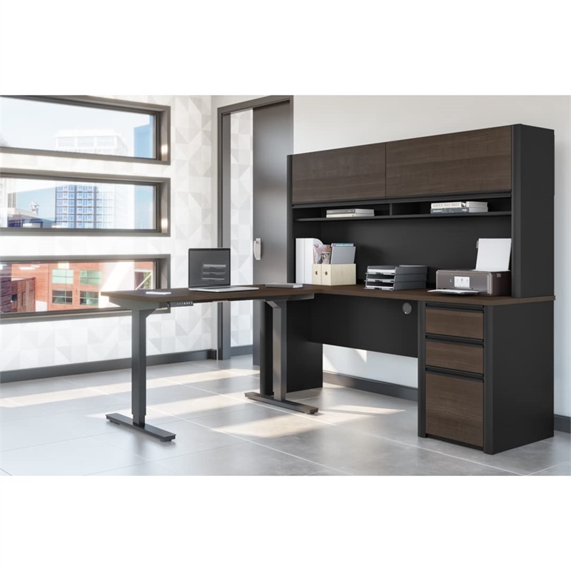 Bestar Connexion L-Shaped Table with Hutch in Slate and Sandstone