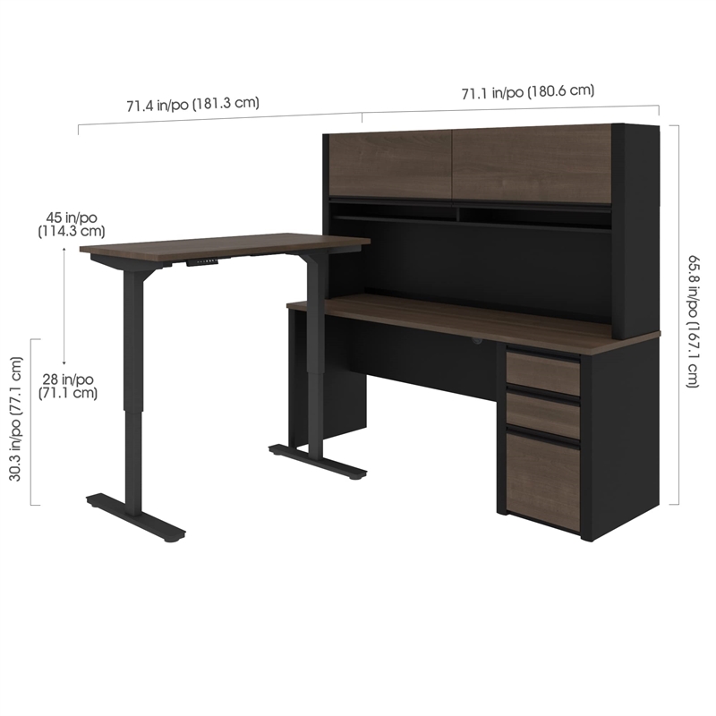Bestar Connexion L-Shaped Table with Hutch in Slate and Sandstone