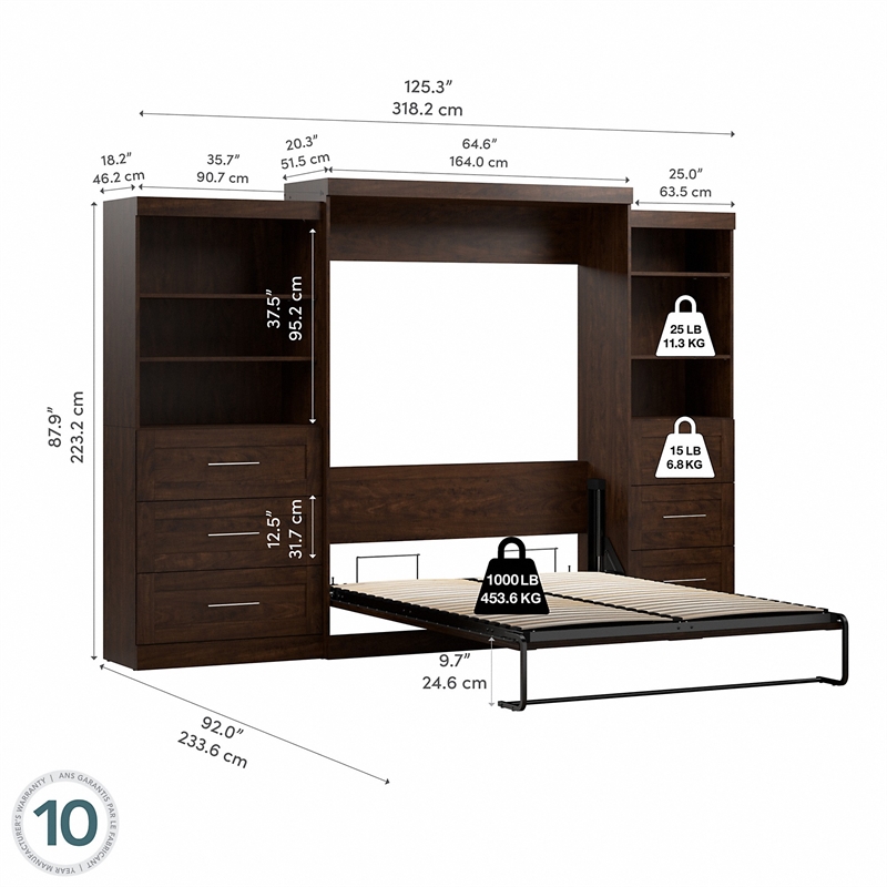 BESTAR Pur Murphy 2 Shelving Units with Drawers, Space-Saving Wall Bed,  Queen, White