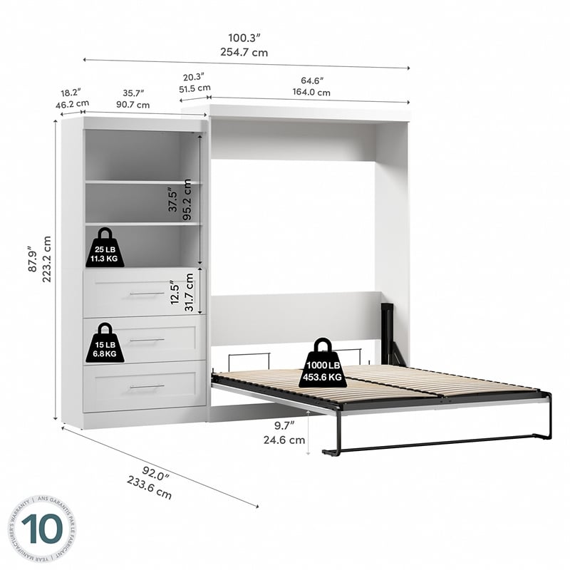 Bestar Pur Queen Wall Bed with Storage in White