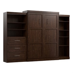 bestar pur queen murphy bed with shelving and drawers (126w) in chocolate