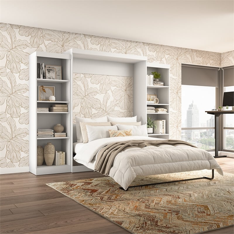 Bestar Pur Queen Murphy Bed and 2 Shelving Units (115W) in White