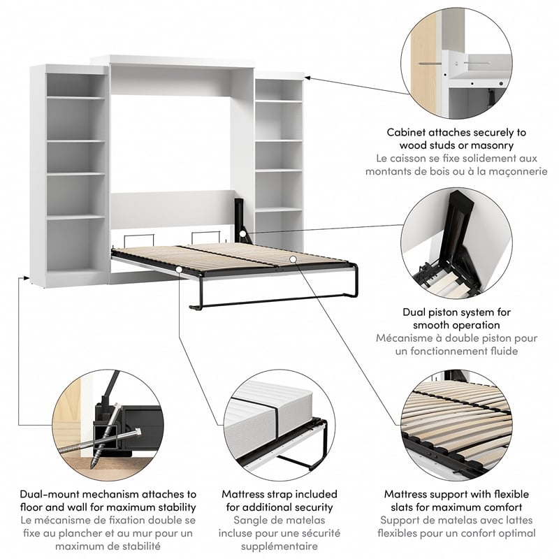 Bestar Pur Queen Murphy Bed and 2 Shelving Units (115W) in White