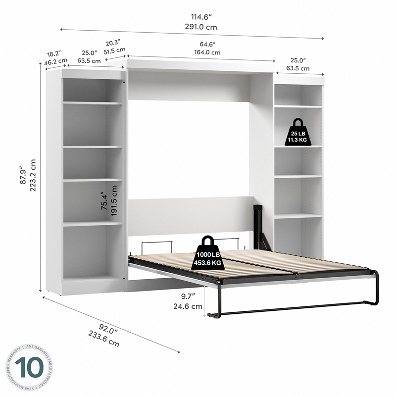 Bestar Pur Queen Murphy Bed and 2 Shelving Units (115W) in White