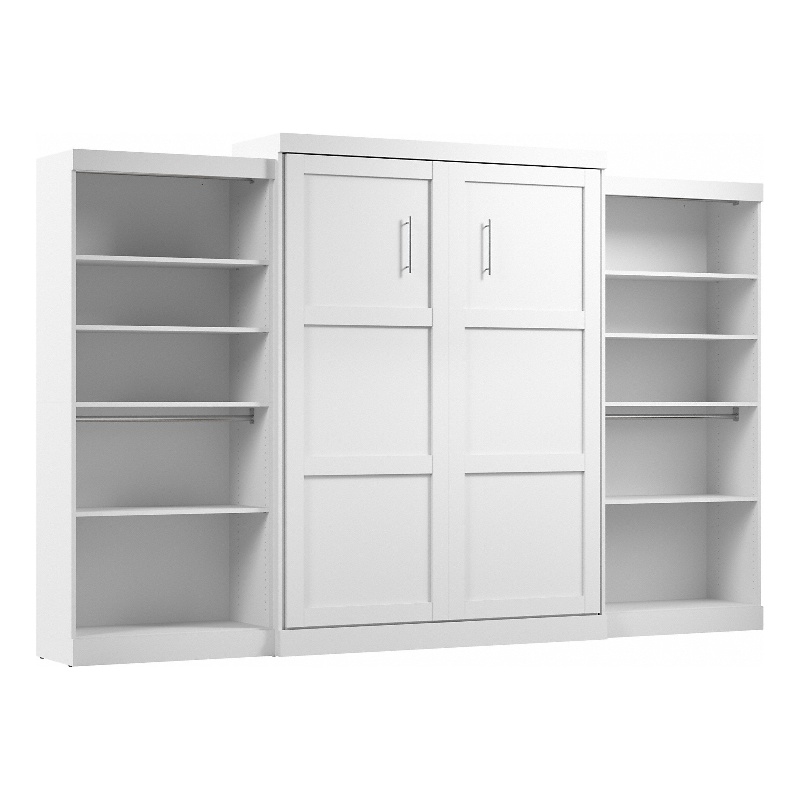 BESTAR Pur Murphy 2 Shelving Units with Drawers, Space-Saving Wall Bed,  Queen, White
