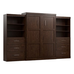 bestar pur queen murphy bed and 2 shelving units w/drawers (136w) in chocolate