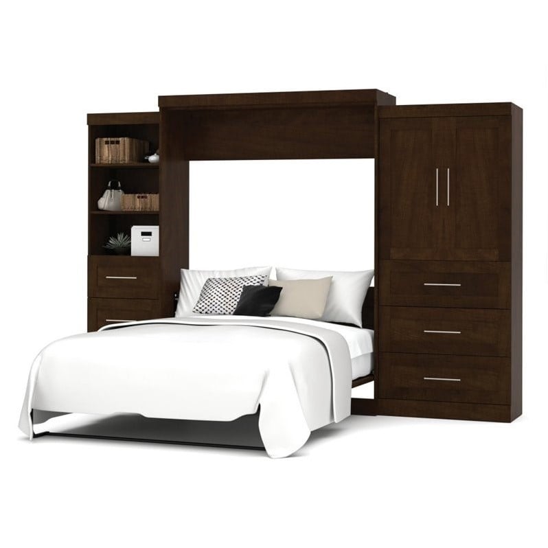 Bestar Pur Queen Wall Bed with Storage in Chocolate ...