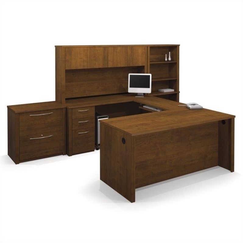 Bestar Embassy U-Shape Wood Office Set with Hutch in Tuscany Brown ...