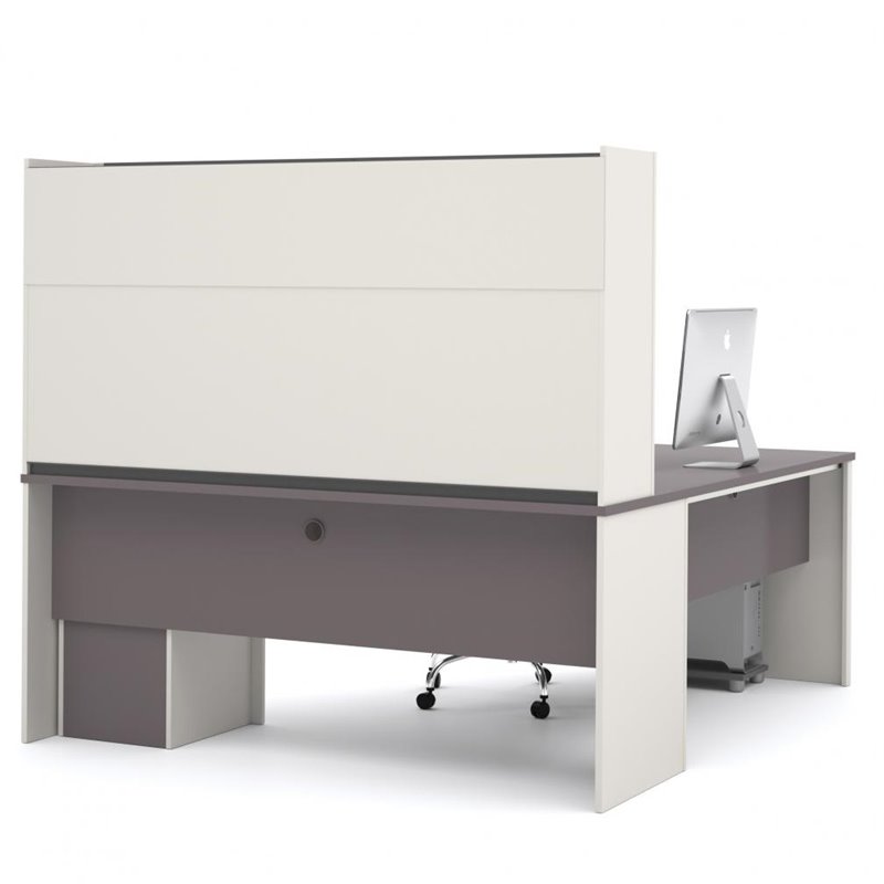 Bestar Connexion L-Shape Wood Computer Desk with Hutch in Sandstone and Slate