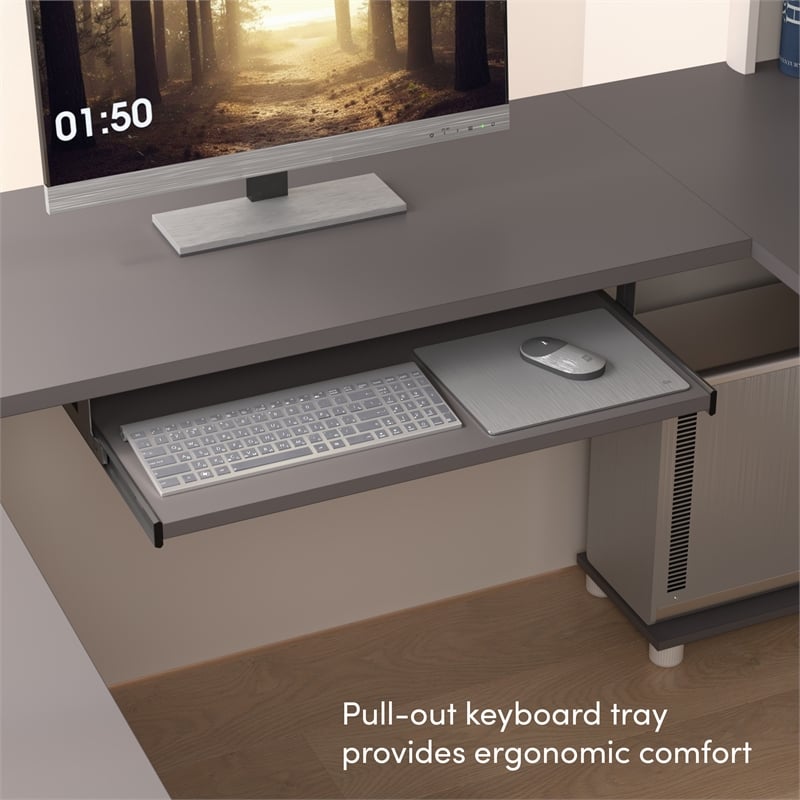 Connexion L Shaped Desk with Hutch in Slate and Sandstone - Engineered Wood
