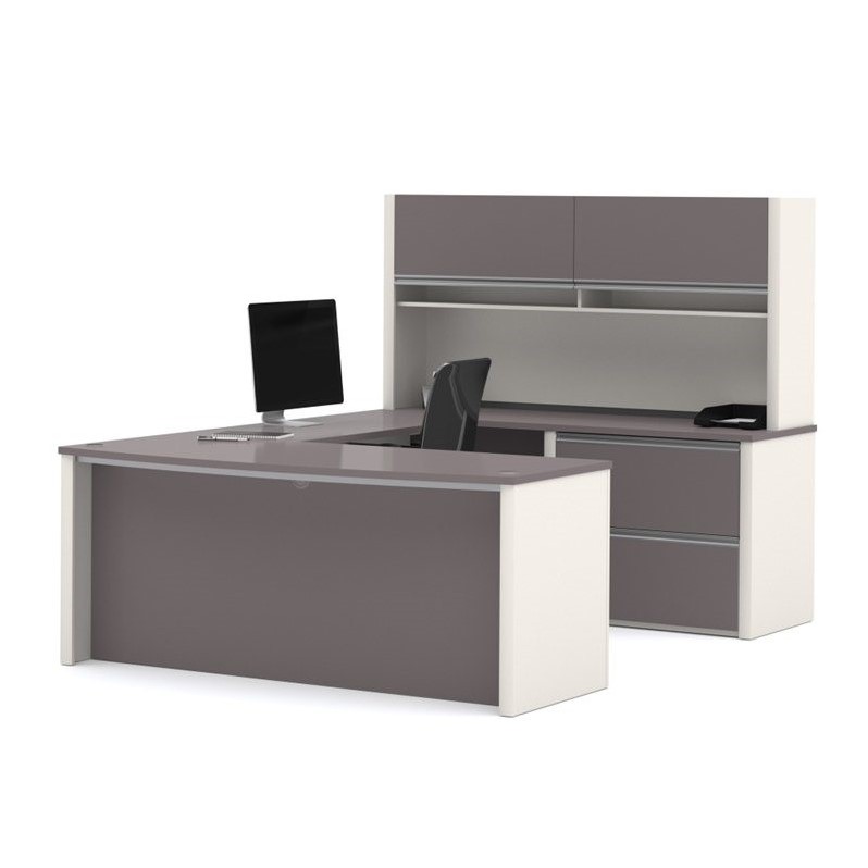 Bestar Connexion U-Shape Home Office Set with 1 Oversized Pedestal in Sandstone and Slate