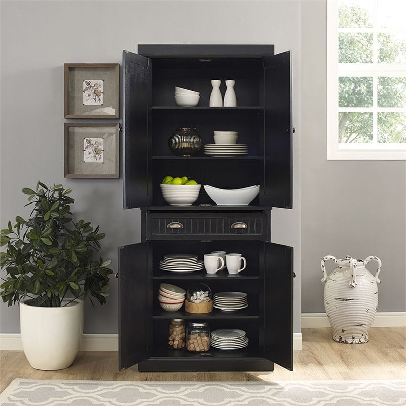 Crosley Furniture Seaside 4 Door Wood Coastal Pantry in Distressed Black