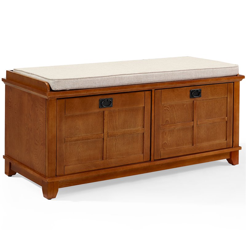 Crosley Adler Dual Drop Door Storage Entryway Bench In Warm Oak