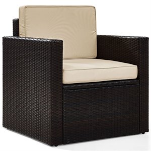 crosley palm harbor wicker patio arm chair in brown and sand