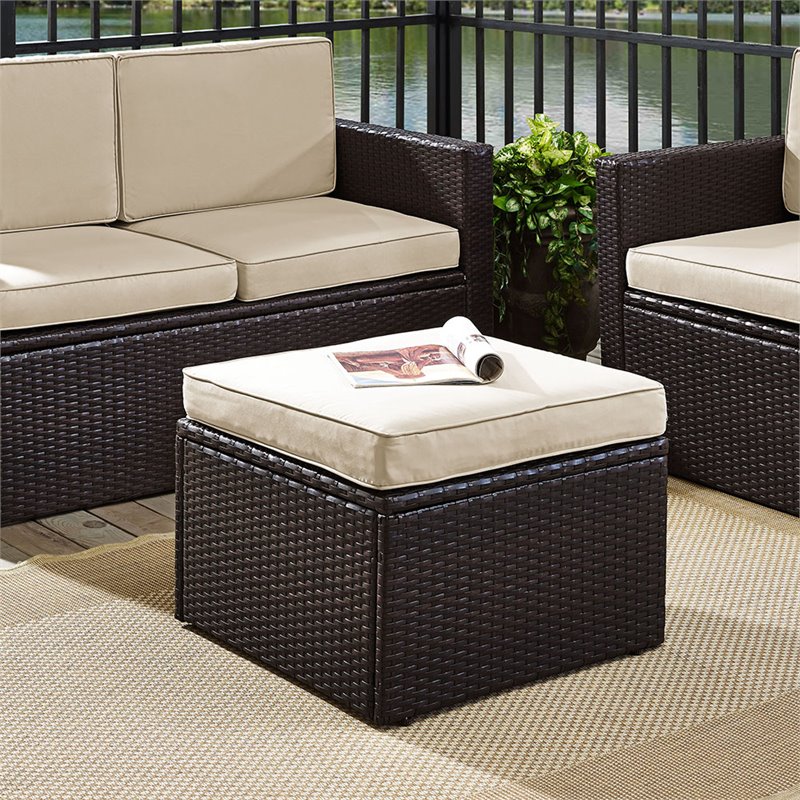 Crosley Palm Harbor Wicker Patio Ottoman in Brown and Sand